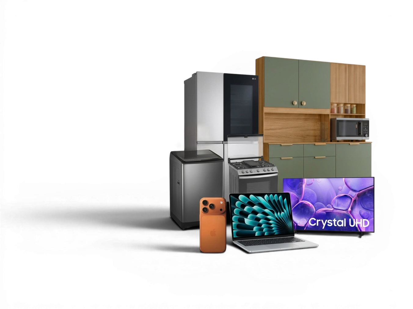 Refrigeradora, lavadora, cocina, televisor, laptop y teléfono